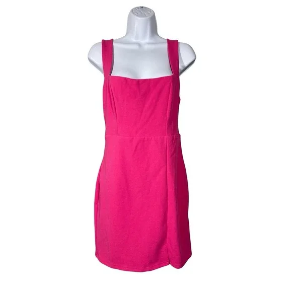 Lulus Social Sensation Hot Pink Square Neck Mini Bodycon Dress Women's Small - Picture 2 of 8